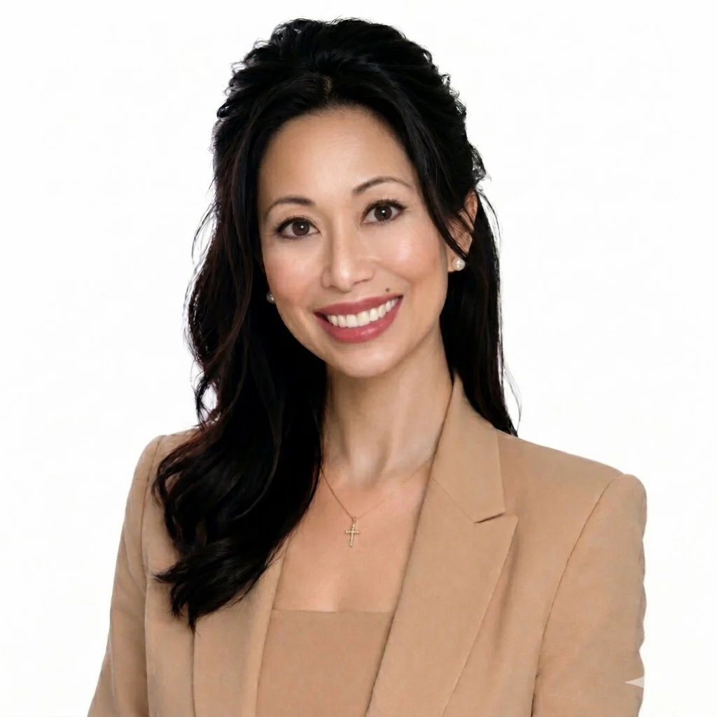 Sinta Jimenez, a woman with long dark hair, wearing a tan blazer and matching top, smiles at the camera. She has a cross necklace and poses against a plain white background.