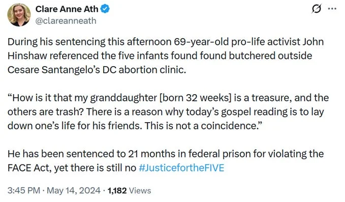 A tweet by Clare Anne Ath discusses John Hinshaw, a 69-year-old activist sentenced to 21 months for FACE Act violations after five fetuses were found at an abortion clinic, drawing parallels to convicted murderer Kermit Gosnell. #JusticefortheFIVE.