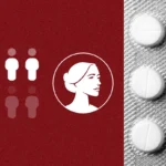 A graphic with seven out of ten figures highlighted, an illustrated woman's face, and a blister pack of six white round pills on a red background, referencing how voters disapprove of mail-order abortion drugs.