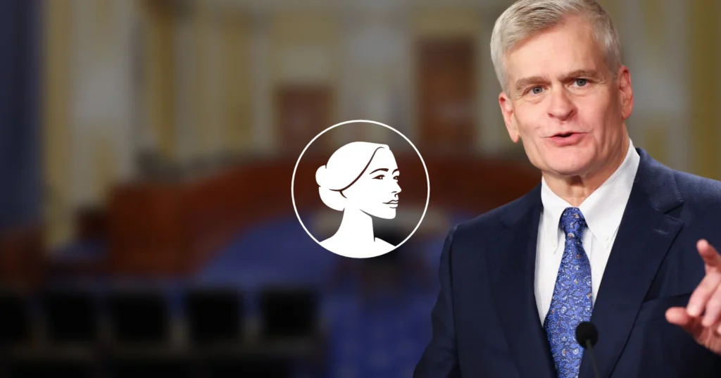 A man in a suit gestures while speaking at a podium, with a blurred government chamber background and an overlaid circle graphic of a woman's profile, possibly referencing Sen. Cassidy's comments on abortion drug manufacturers and the FDA.