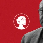 A man in a suit and tie stands on the right side of the image, looking serious. The red background and white circular logo evoke the unsettling atmosphere associated with Kermit Gosnell, the infamous abortionist behind the House of Horrors.
