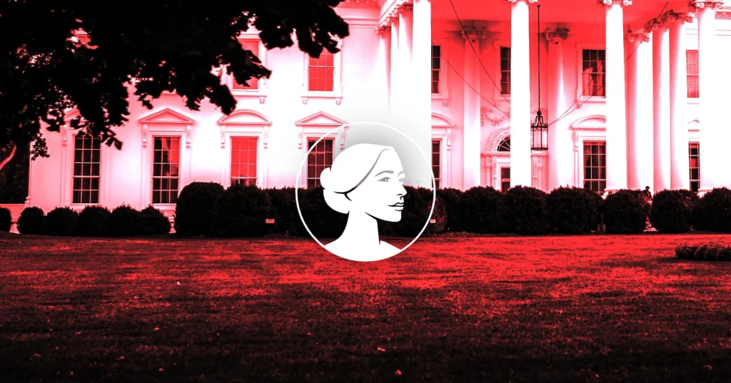 A stylized illustration of a woman’s profile is centered over a red-tinted image of the White House, with trees and bushes visible in the foreground, referencing Title X and its impact on women’s health policy.