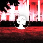 A stylized illustration of a woman’s profile is centered over a red-tinted image of the White House, with trees and bushes visible in the foreground, referencing Title X and its impact on women’s health policy.