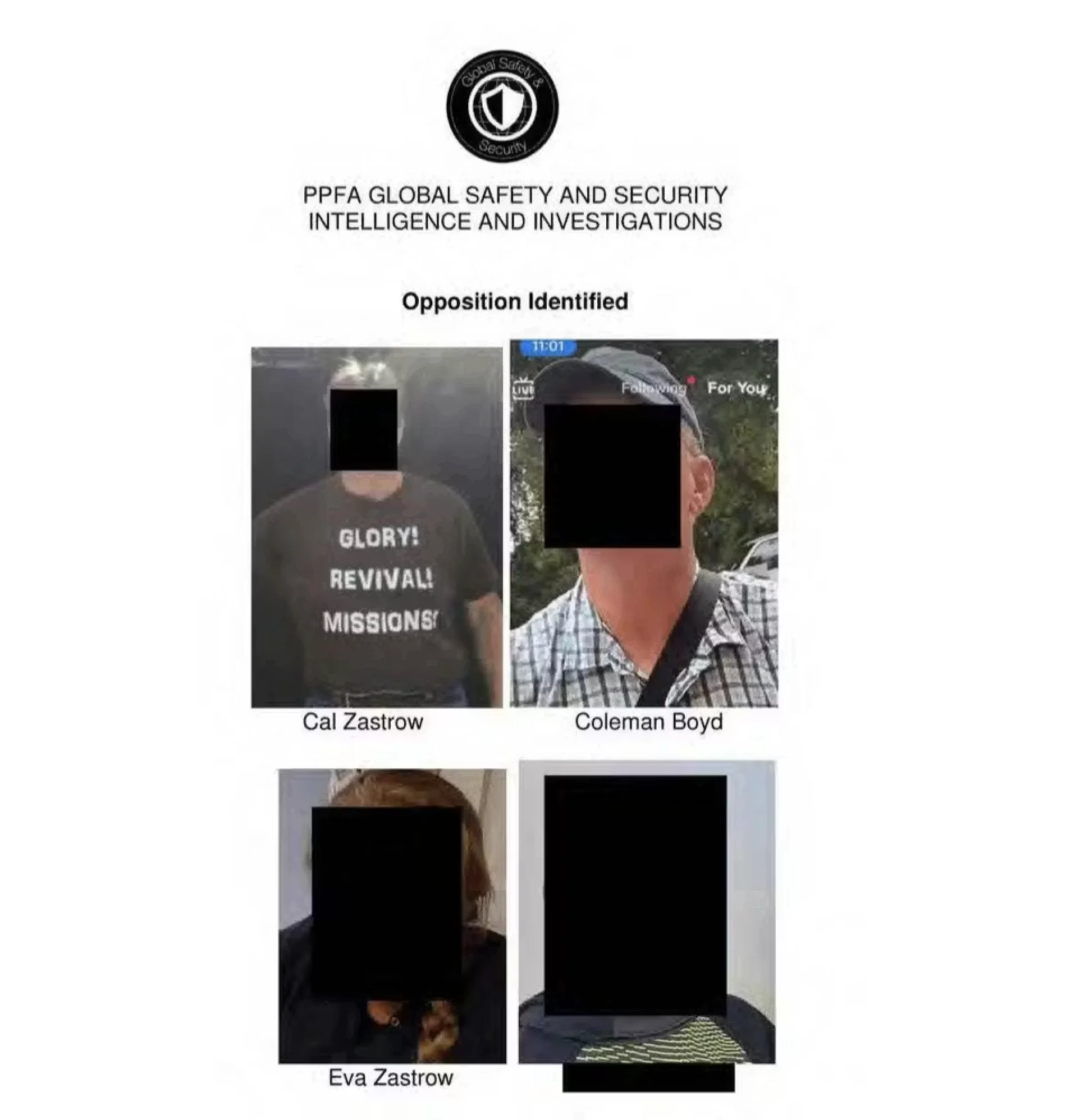 A document titled PPFA Global Safety and Security Intelligence and Investigations displays three photos of pro-lifers with their faces redacted, labeled as Cal Zastrow, Coleman Boyd, and Eva Zastrow.