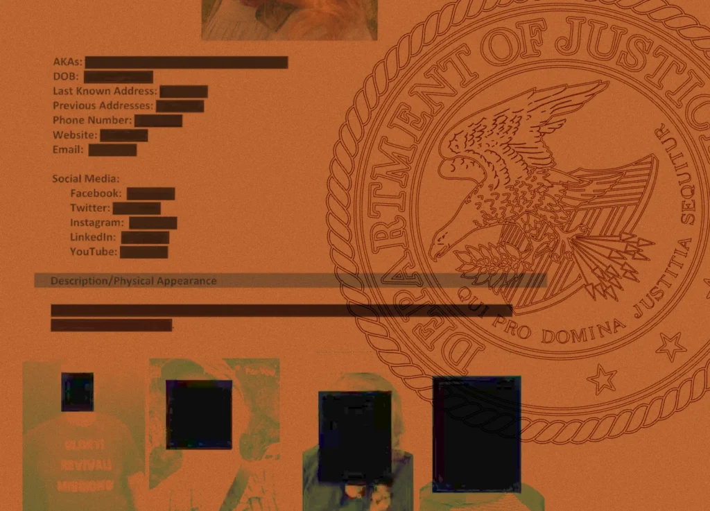 An orange-tinted DOJ report with the U.S. Department of Justice seal, blacked-out text fields, and three redacted photos at the bottom. The document contains sections for personal and social media details related to pro-lifers.