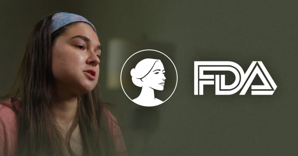 A woman with long brown hair and a blue headband stands beside a white silhouette logo of a woman’s profile, the FDA logo, and the words "Abortion Drug Lawsuit" on a green background.