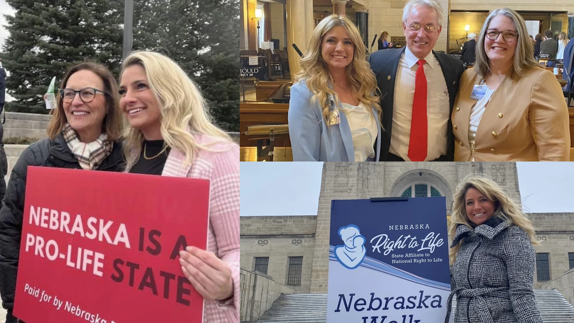 A collage of four photos shows people at a Nebraska pro-life event. Two women hold a “Nebraska is a Pro-Life State” sign, others pose indoors, and Haile shares her survival story by a Nebraska Walk for Life sign outside a building.