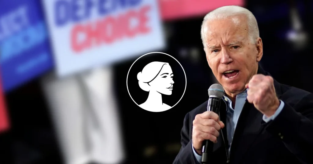A man with white hair speaks into a microphone, raising his fist. Behind him, blurred signs reading DEFEND CHOICE are visible—a circular icon of a woman's profile is overlaid, hinting at Biden Admin and Planned Parenthood involvement.