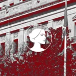A grayscale building with columns and red-highlighted trees is shown, featuring a white profile illustration of a woman’s face. The scene subtly references the DOJ and its role in recent Abortion Drugs debates.
