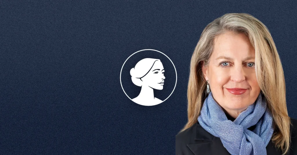 A woman with long blonde hair, wearing a blue scarf and black blazer, smiles at the camera. Behind her is a dark blue background with a white profile illustration of a woman's face and "Ohio Treasurer Kristina Roegner" in a circle.