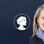 A woman with long blonde hair, wearing a blue scarf and black blazer, smiles at the camera. Behind her is a dark blue background with a white profile illustration of a woman's face and "Ohio Treasurer Kristina Roegner" in a circle.