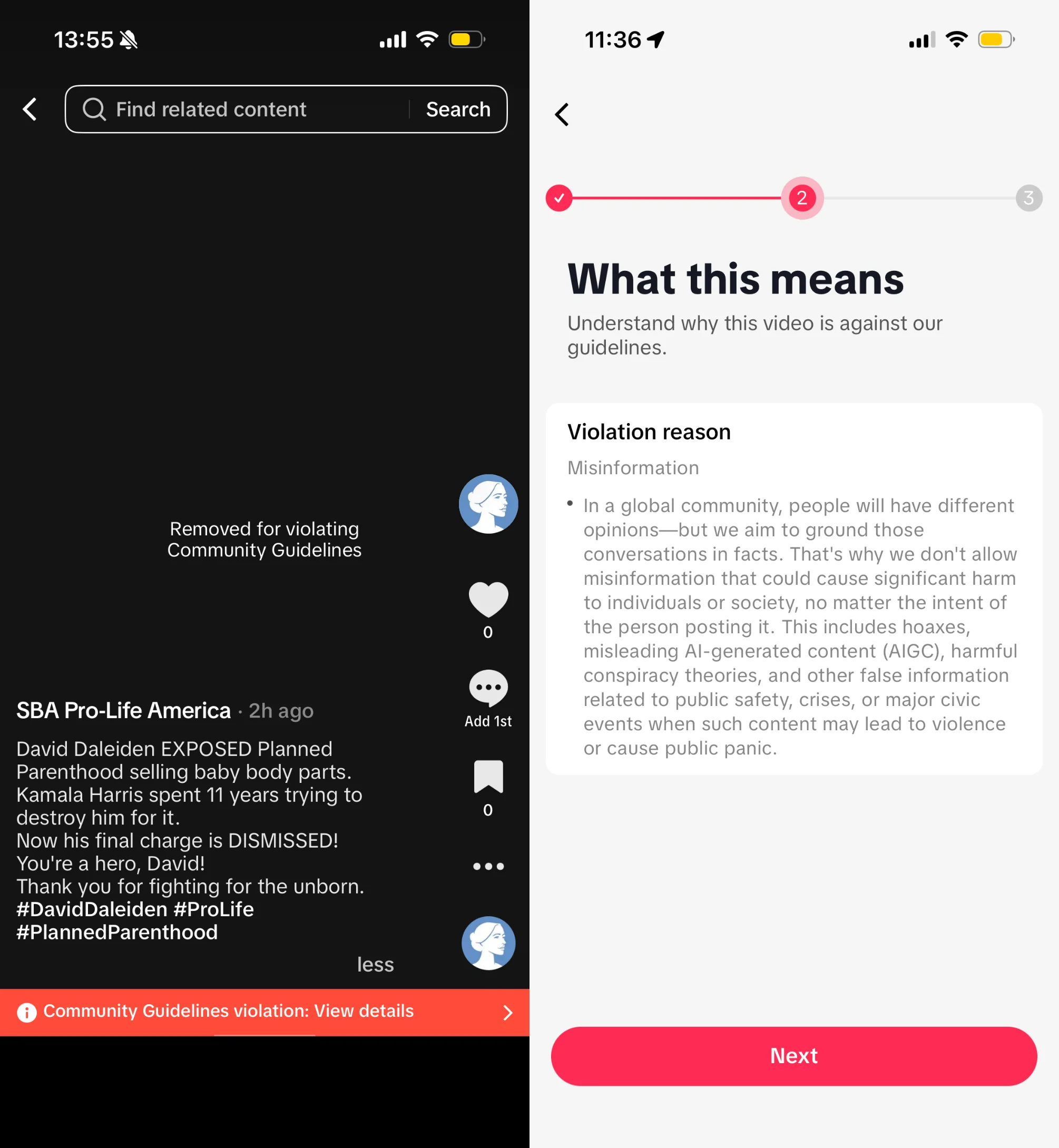 A smartphone screen shows a TikTok post flagged for violating community guidelines due to misinformation. The screen displays the violation notice, relevant hashtags, and an explanation of the policy on spreading false information.