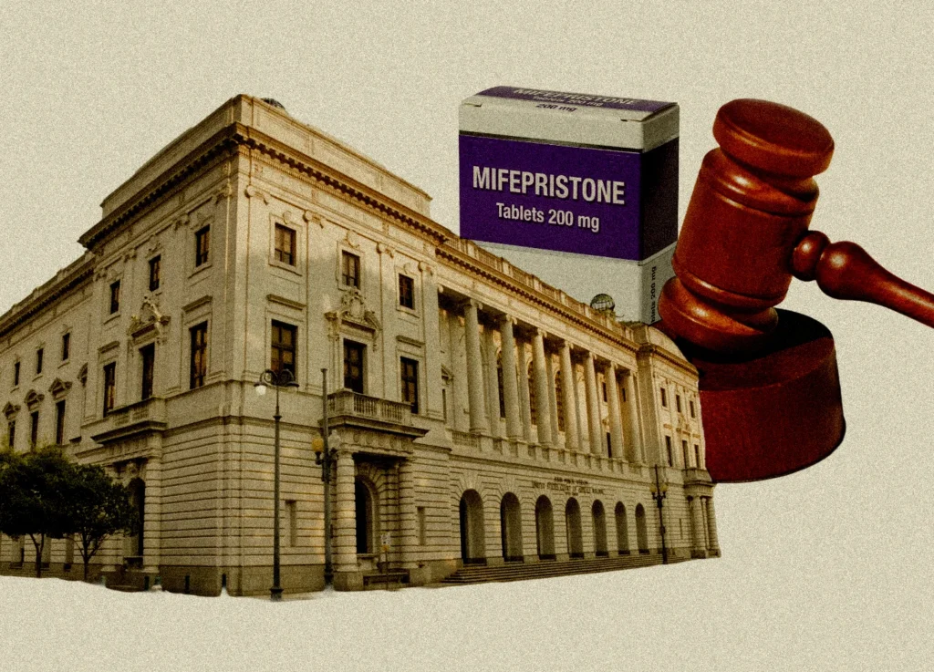 A courthouse, a box labeled Mifepristone Tablets 200 mg, and a judge’s gavel are shown against a neutral background, suggesting a 5th Circuit legal case involving mail-order abortion medication.