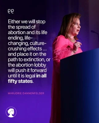 A woman in a pink outfit speaks at a podium against a purple background during the SBA Gala. A quote beside her discusses the spread of abortion, its effects, and mentions legalization in all fifty states. The text is attributed to Marjorie Dannenfelser.
