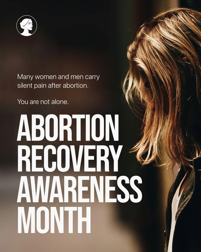 A person with blonde hair looks down somberly; text reads: Many women and men carry silent pain after abortion. You are not alone. Abortion and Mental Health Awareness Month. A female silhouette icon is also visible.