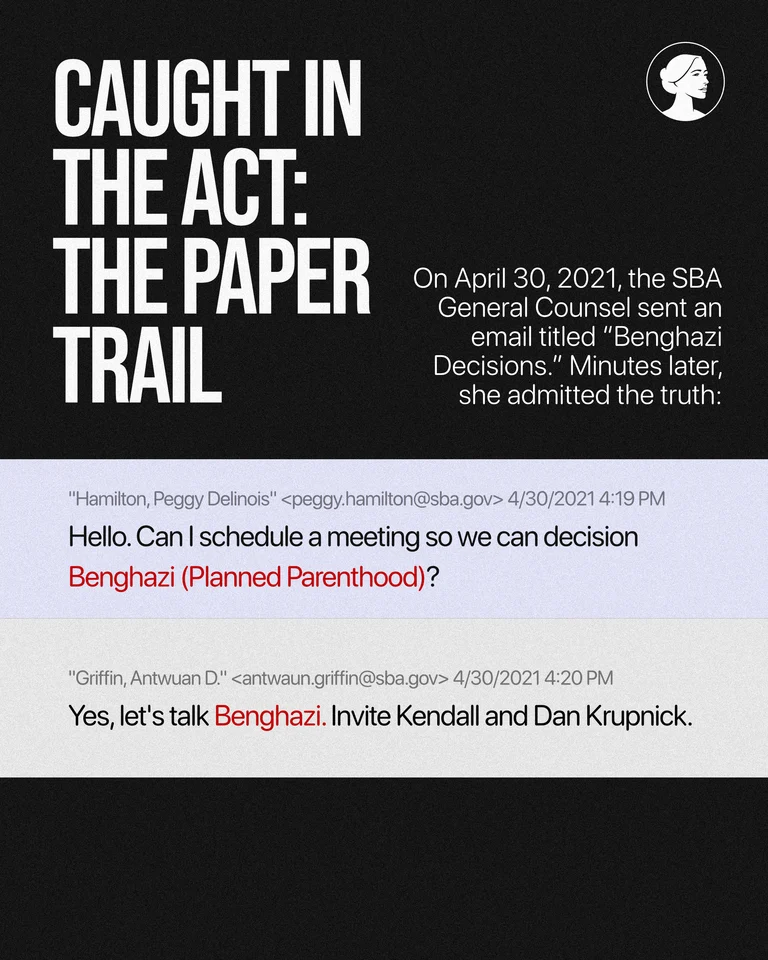 A graphic titled CAUGHT IN THE ACT: THE PAPER TRAIL shows a message about a 2021 SBA email on Benghazi Decisions, with email excerpts mentioning “Benghazi” and planning a meeting to discuss it.