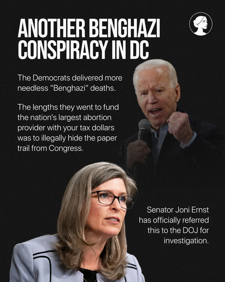 U.S. President Joe Biden speaking with a raised fist and Senator Joni Ernst speaking at a podium, with text discussing a Benghazi conspiracy and a DOJ investigation referral.