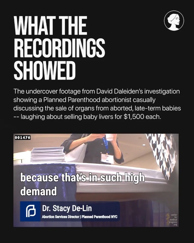 A screenshot with text about undercover footage from a Planned Parenthood investigation. Below, a blurred person stands behind a stack of papers. The subtitle reads, because thats in such high demand. A label identifies Dr. Stacy De-Lin.