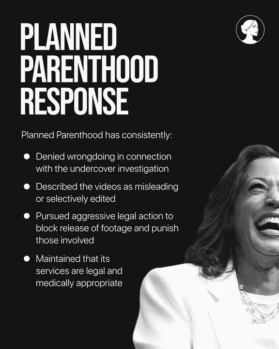 A graphic titled Planned Parenthood Response lists four points on Planned Parenthood’s actions regarding the Daleiden case. A smiling woman in a white blazer appears in the bottom right corner.