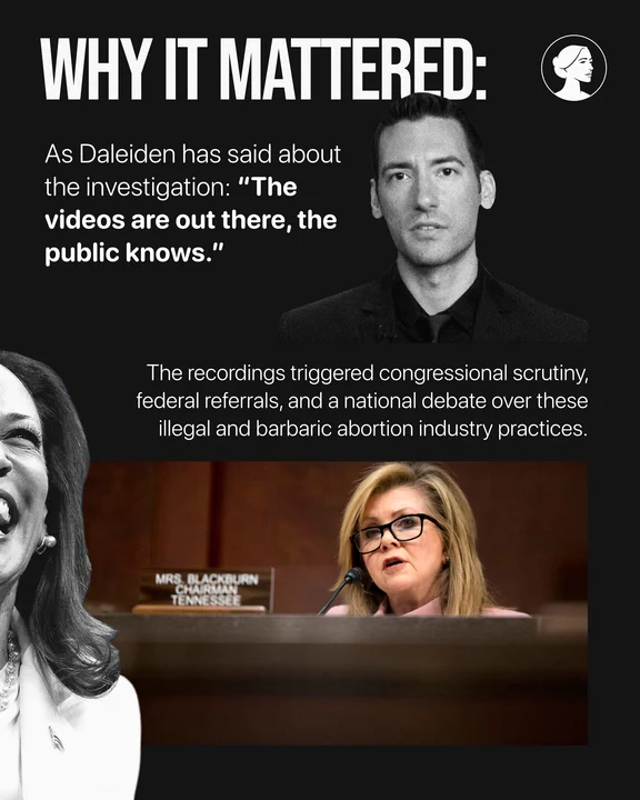 A black-and-white graphic with three people: a man at the top with a quote about public knowledge of videos in a court case, a woman laughing on the left, and Mrs. Blackburn of Tennessee at her desk. The text discusses an abortion investigation.