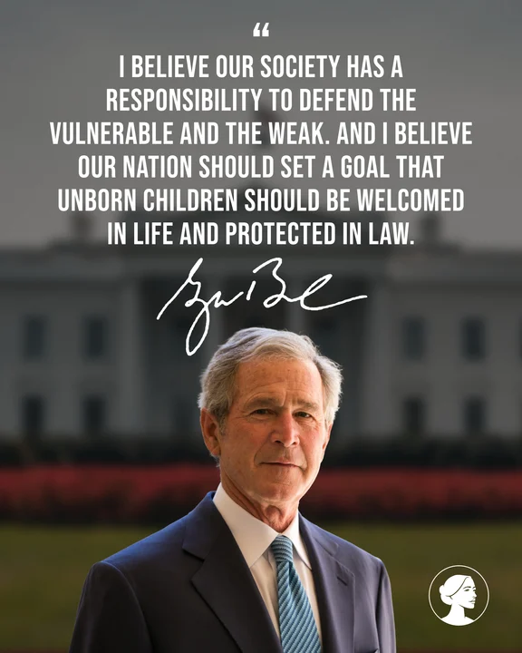 A serious older man in a suit stands in front of a blurred white building. A quote about defending the vulnerable and protecting unborn children appears above him with his signature beneath the text.