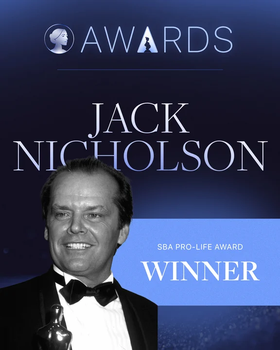 A black and white photo of Jack Nicholson smiling in a tuxedo, holding a trophy. Above him are the words AWARDS with a silhouette, and text reads Jack Nicholson, SBA Life Awards Winner on a blue background.