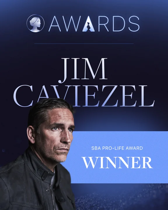 A dark-toned awards graphic featuring a headshot of Jim Caviezel. The text reads, AWARDS, JIM CAVIEZEL, and SBA Life Awards Pro-Life Award WINNER.