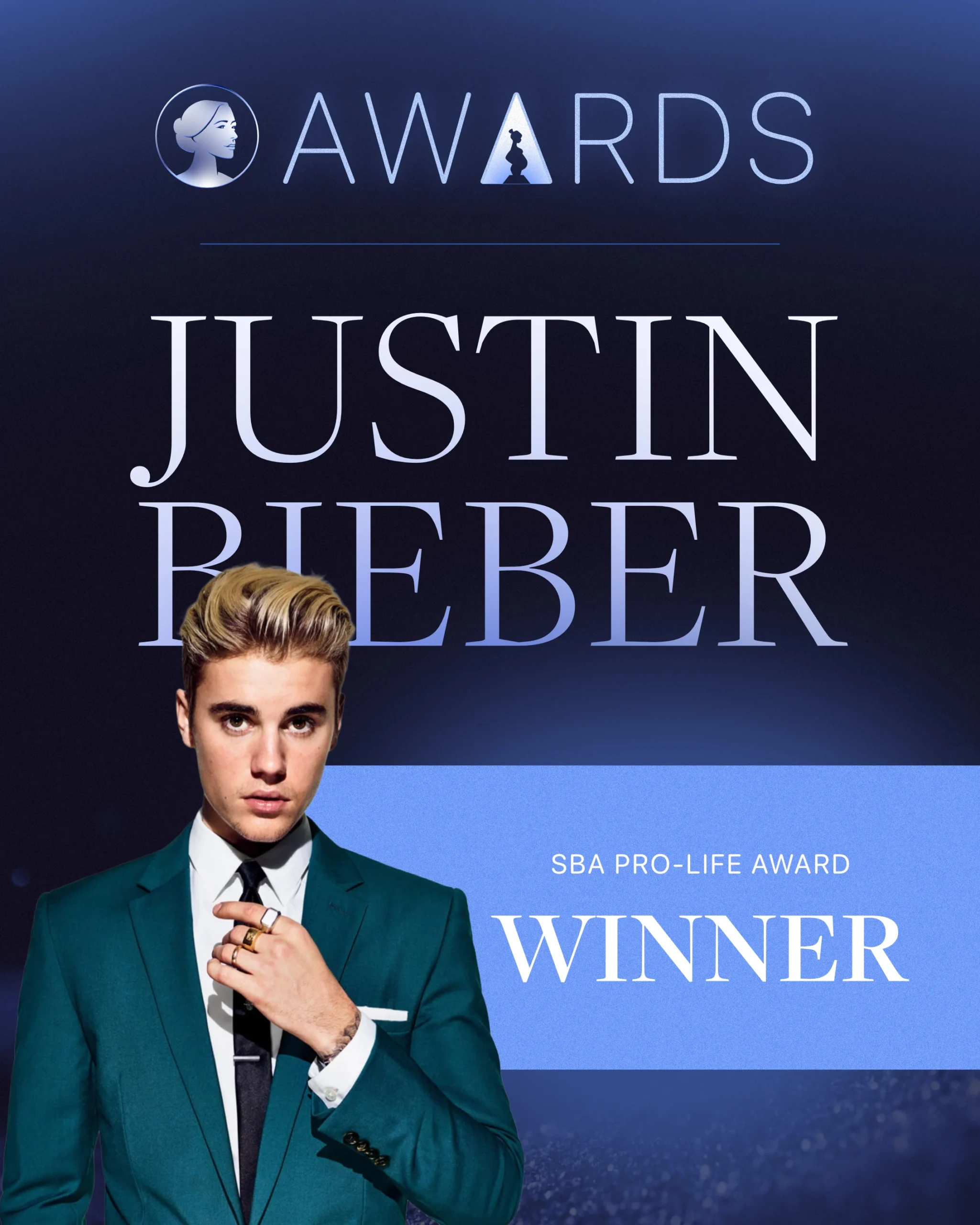 A graphic features the text AWARDS, JUSTIN BIEBER, and SBA Pro-Life Award WINNER. Justin Bieber, in a teal suit, stands before a dark blue background celebrating his recognition with the SBA Life Awards.