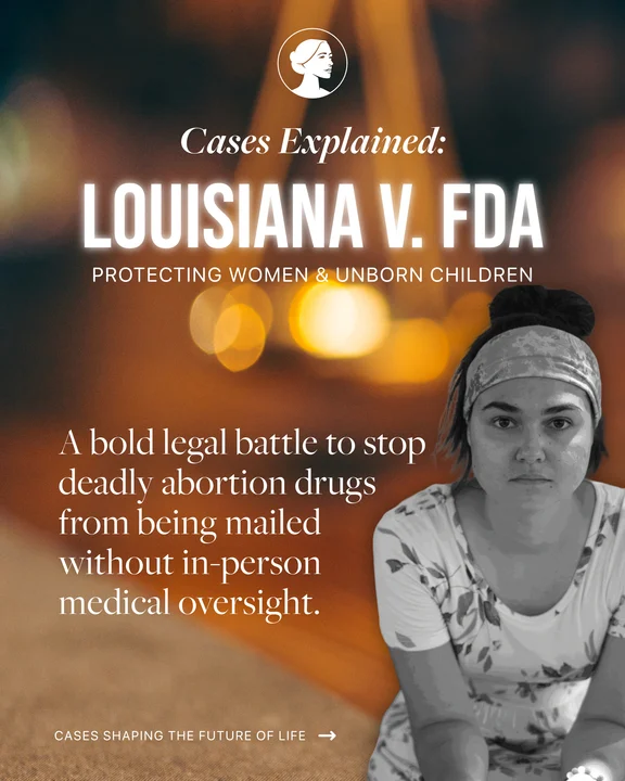 A graphic titled Cases Explained: LA v FDA features a serious-looking woman in a headband, with text describing the case as a legal battle to stop mailing abortion drugs without in-person medical oversight.