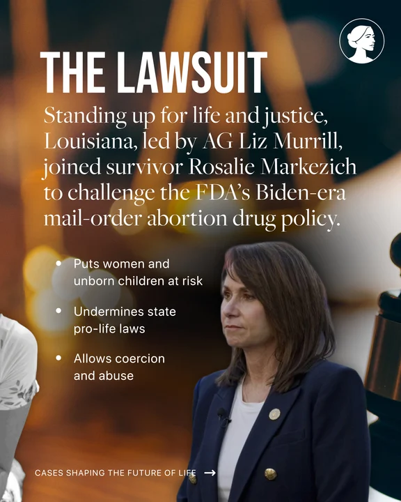 A graphic titled The Lawsuit details the LA v FDA case, showing how Louisiana AG Liz Murrill and Rosalie Markezich challenge the FDA’s abortion drug policy over risks to women, state law concerns, and potential for abuse.