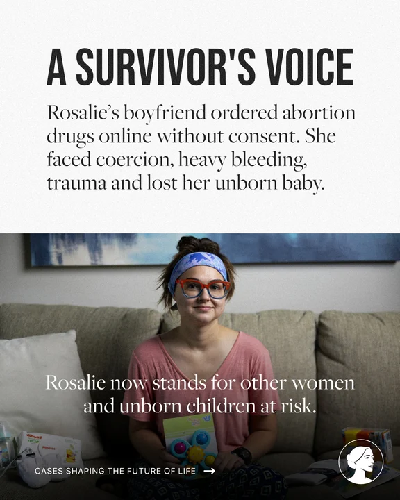 A woman wearing glasses and a headband sits on a couch holding toys. Text above her shares her experience of coerced abortion, her advocacy for women and unborn children, and highlights the relevance of the LA v FDA Case.
