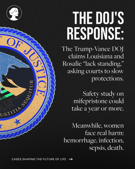 A graphic with the U.S. Department of Justice seal on the left. Text on the right discusses the DOJ's response to mifepristone safety, legal actions like LA v FDA, and potential health risks for women, including hemorrhage, infection, and death.