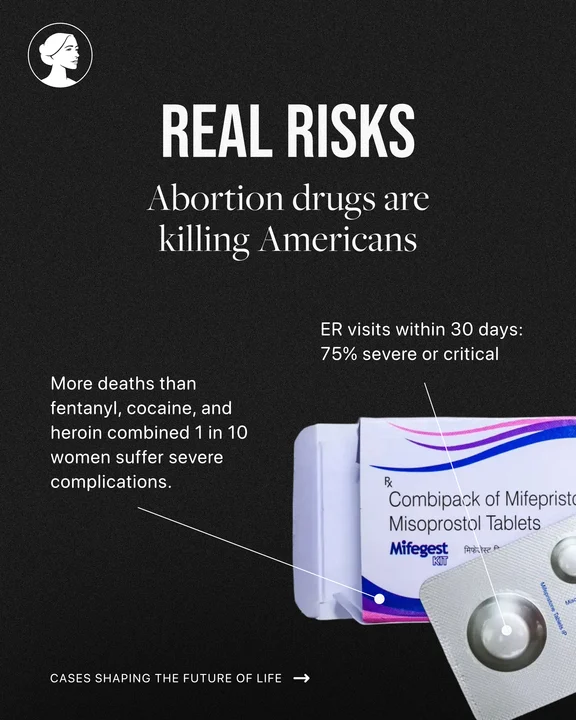 A graphic claims abortion drugs are deadly, showing pills labeled Mifepristone Misoprostol. Text cites severe complications and ER visits, referencing the FDA lawsuit and comparing risks to fentanyl, cocaine, and heroin.