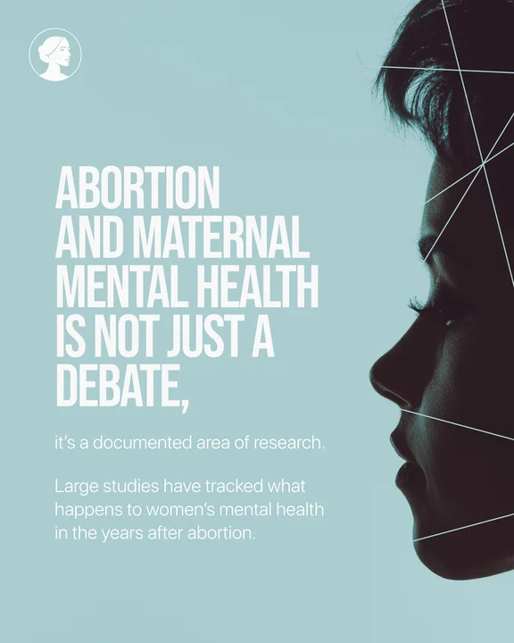 A woman's side profile in silhouette on a blue background with text exploring the relationship between abortion and maternal mental health, emphasizing that women's health is a researched, not debated, topic.