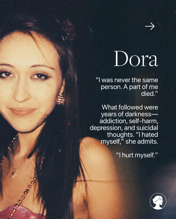 A young woman with long brown hair looks at the camera and smiles slightly. Next to her is text about her struggles with addiction, self-harm, depression, abortion regret, and personal pain—an abortion testimony attributed to someone named Dora.