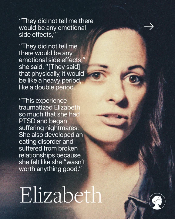 A woman with long brown hair looks at the camera with a serious expression. Text beside her shares abortion testimonies, highlighting her emotional trauma, nightmares, PTSD, and eating disorder after a challenging medical experience.