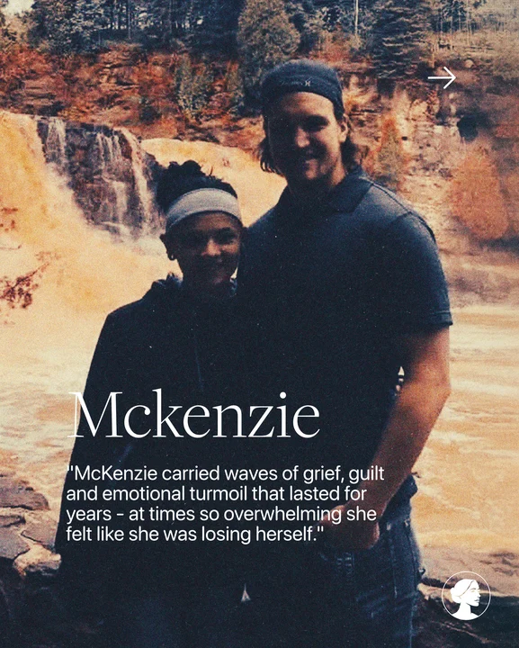 Two people stand side by side, smiling in front of a waterfall and trees. Text reads: McKenzie. McKenzie carried waves of grief, abortion regret, and emotional turmoil for years—so overwhelming at times she felt like she was losing herself.