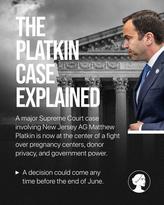 A graphic with text about the Platkin Case, featuring the Supreme Court building in the background and a man in a suit in the foreground. The text highlights the Platkin Case’s significance and notes a decision is expected by June.