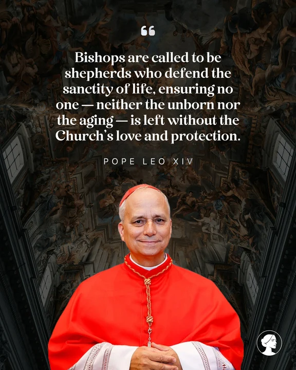 A Catholic bishop in red vestments stands smiling in front of a cathedral ceiling. Above him is a quote from Pope Leo XIV about bishops defending the sanctity of life and protecting the unborn and the aging with the Churchs love.