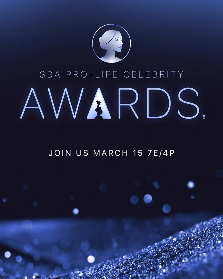 Blue-toned poster for the SBA Life Awards, featuring a woman’s profile in a circle above the text. The word AWARDS is highlighted, and event details say Join us March 15 7E/4P.