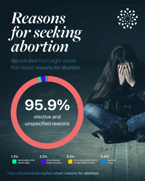 A woman sits on the ground covering her face. A chart shows 95.9% of abortions are for elective or unspecified reasons; other reasons include fetal abnormality (1.2%), health concerns (2.2%), risk to woman (0.3%), and rape/incest (0.4%).