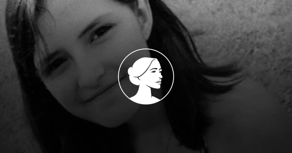 A black-and-white photo of a young woman smiling softly, with a graphic illustration of a woman's face in a circle overlaying the center, subtly referencing Planned Parenthood in its design.