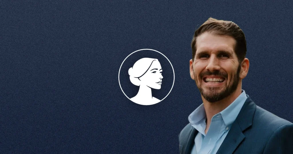 A man in a blue suit smiles in front of a dark blue textured background with a white silhouette of a woman's profile inside a circle, representing TX-38 pro-life advocate Jon Bonck.