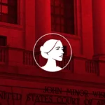 A stylized white profile of a woman’s face is centered over a red-tinted photo of the John Minor Wisdom United States Court of Appeals building, referencing the Federal Appeals Court’s role in recent Mail-Order Abortion Drug cases. Columns and part of the building’s name are visible.