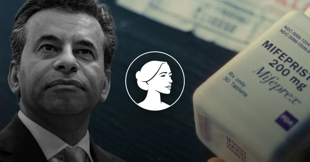 A serious-looking man appears on the left, with a hand holding a Mifepristone 200 mg bottle on the right. In the center, a white icon of a woman's profile in a circle highlights the Pro-Life message of SBA Pro-Life America.