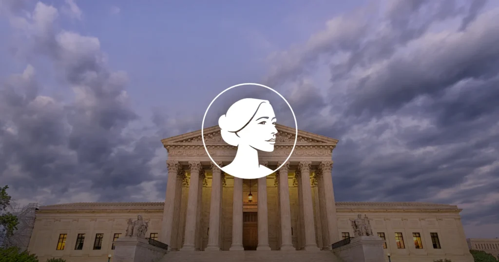 The U.S. Supreme Court building stands under a dramatic, cloudy sky; a white icon of a woman's profile is centered over the image, hinting at debates over abortion drugs and mail-order access.