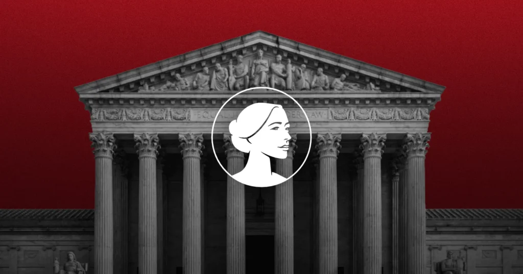 Black and white image of a classical courthouse with tall columns, a red background, and a white outlined silhouette of a woman's face in front—evoking recent SCOTUS debates over mail-order abortion and the Alito Thomas dissent.