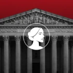 Black and white image of a classical courthouse with tall columns, a red background, and a white outlined silhouette of a woman's face in front—evoking recent SCOTUS debates over mail-order abortion and the Alito Thomas dissent.
