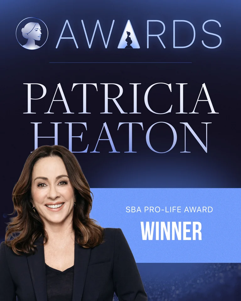 Patricia Heaton smiles in front of a blue background with text reading “AWARDS,” “Patricia Heaton,” and “SBA Life Awards Pro-Life Winner.” A woman’s profile graphic is at the top left of the image.
