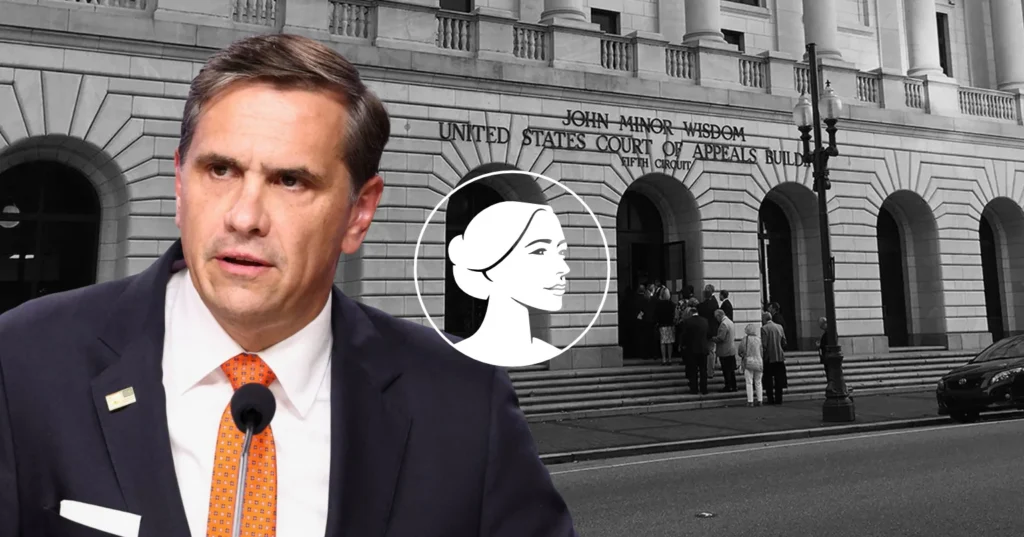 A man in a suit and orange tie speaks at a microphone, superimposed over a black-and-white photo of the United States Court of Appeals building during a 5th Circuit hearing on a mail-order abortion drug, with an illustrated woman’s profile also overlaid.